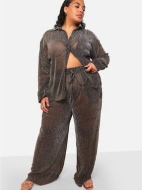 Rebdolls Women's Fabian Sheer Metallic Plisse Wide Leg Pants W. Pockets